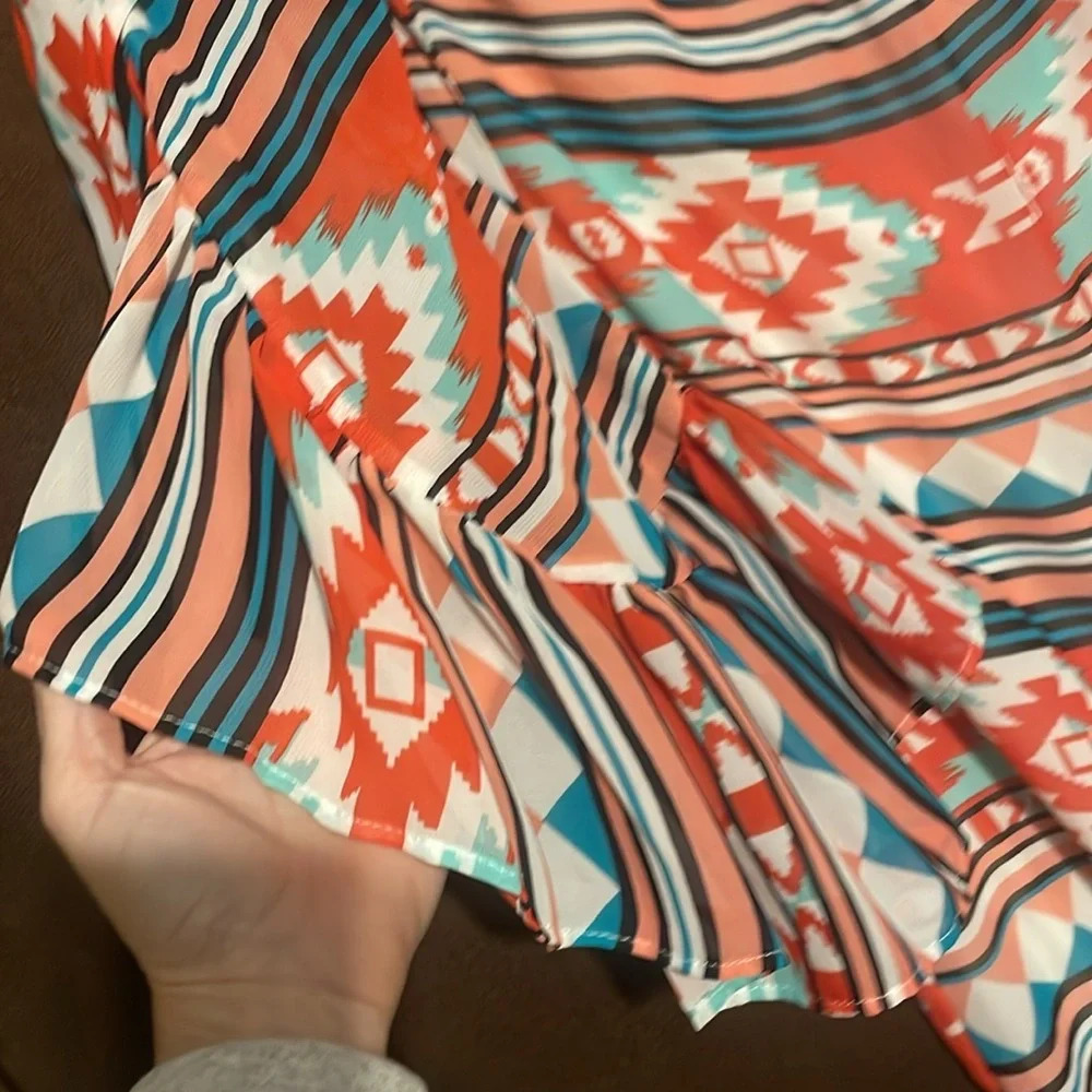 Navajo Print Shirt Womens Top orange teal white black size medium Ruffle sleeves - Picture 2 of 6